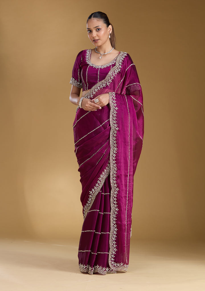 Wine Stonework (Silver) Tissue Saree
