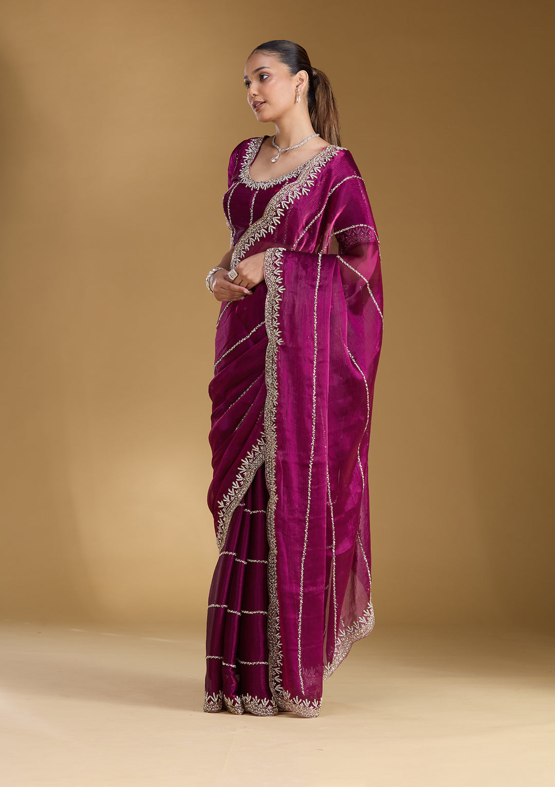 Wine Stonework (Silver) Tissue Saree