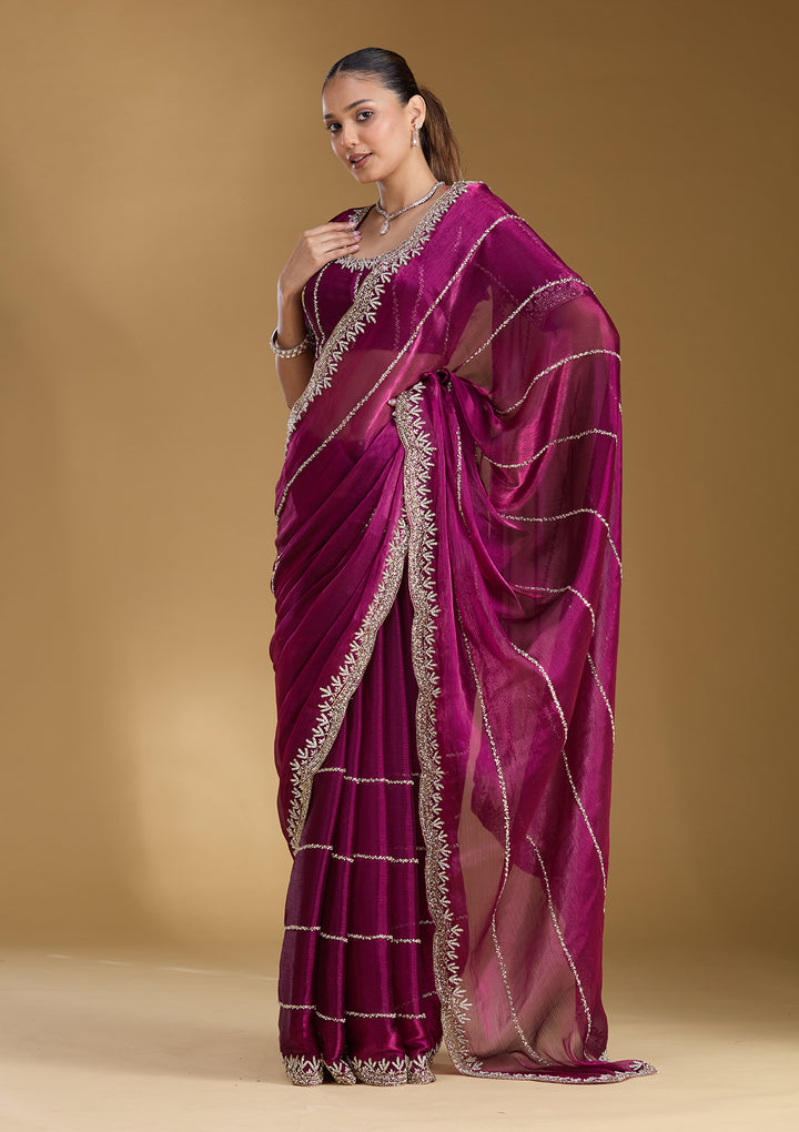 Wine Stonework (Silver) Tissue Saree