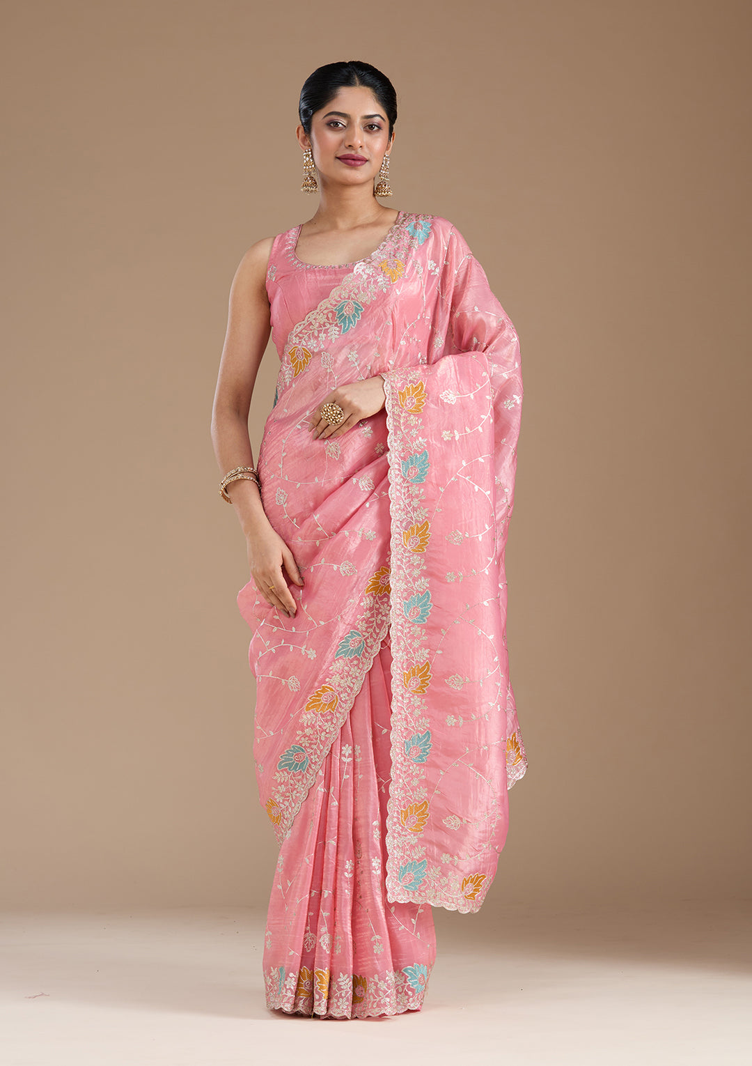 Onion Pink Organza Gotapatti Saree With Matching Blouse Piece