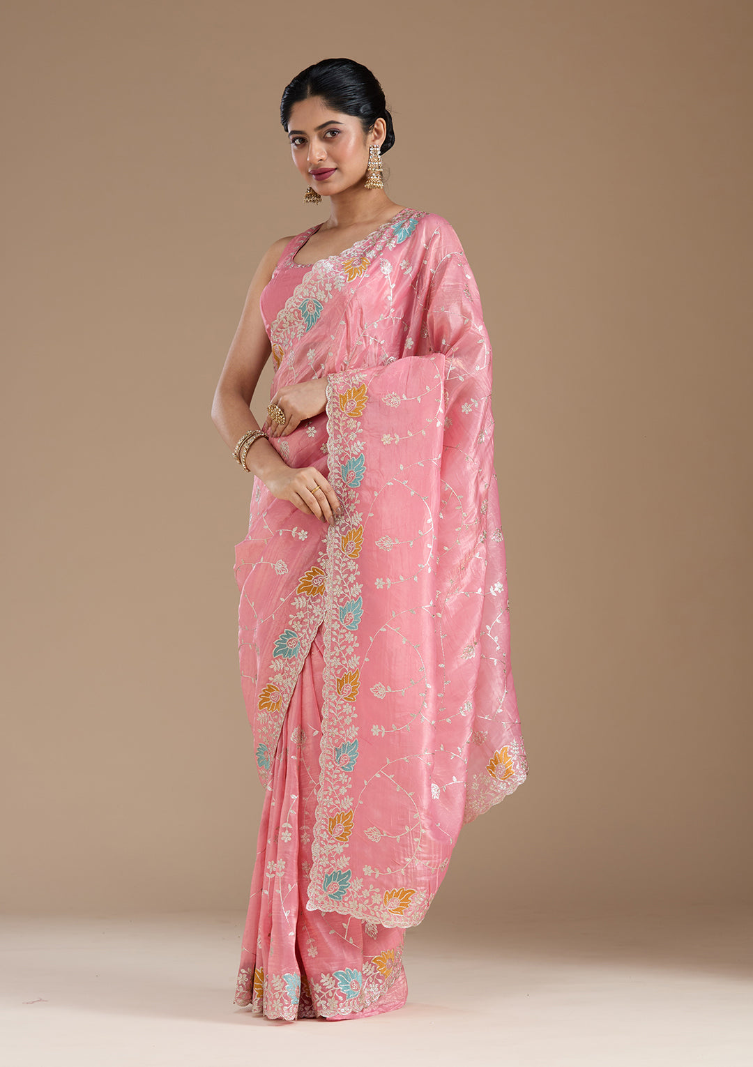 Onion Pink Organza Gotapatti Saree With Matching Blouse Piece