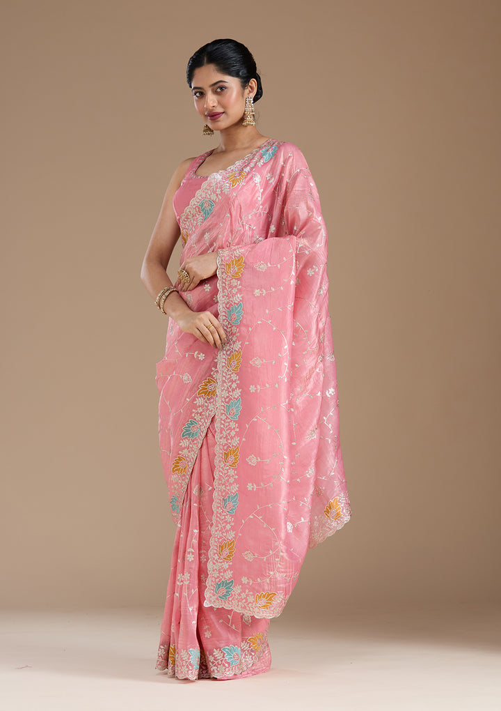 Onion Pink Organza Gotapatti Saree With Matching Blouse Piece