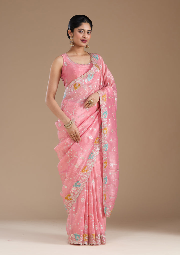 Onion Pink Organza Gotapatti Saree With Matching Blouse Piece
