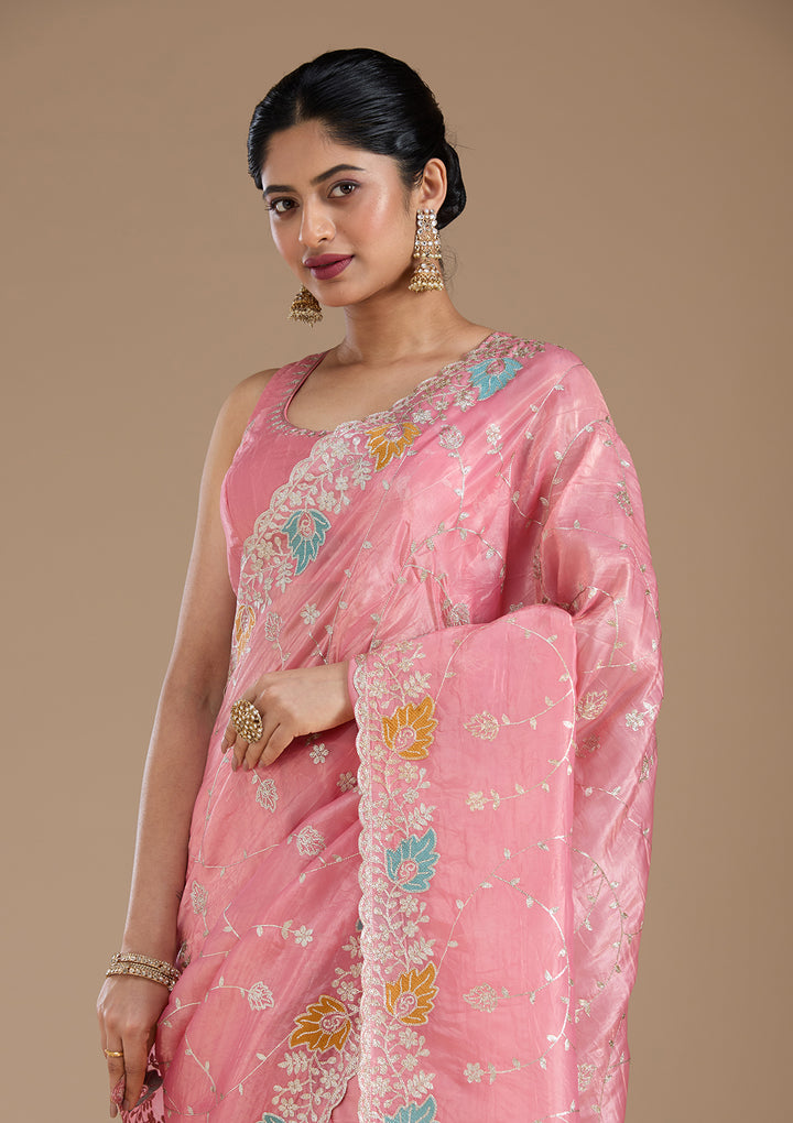 Onion Pink Organza Gotapatti Saree With Matching Blouse Piece