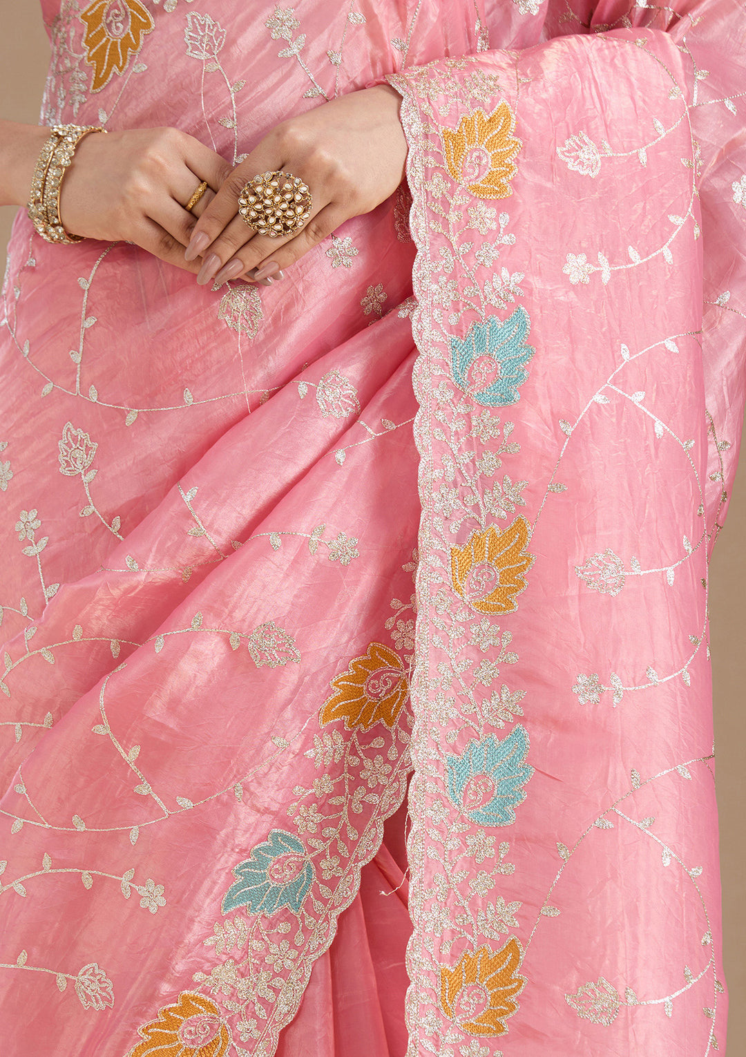 Onion Pink Organza Gotapatti Saree With Matching Blouse Piece