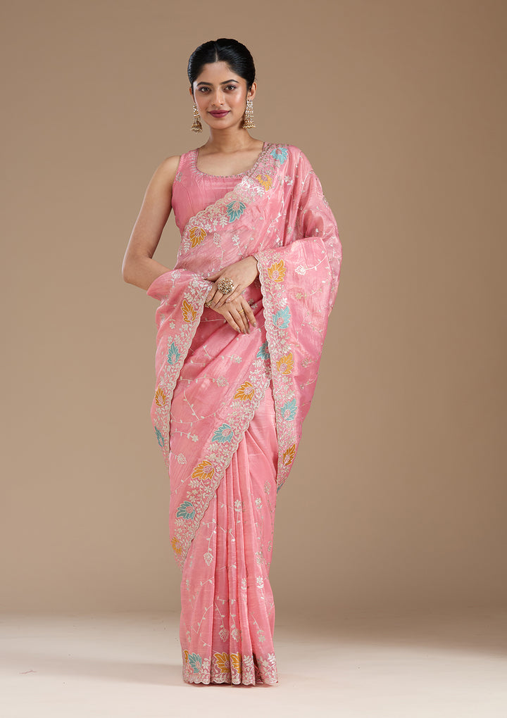 Onion Pink Organza Gotapatti Saree With Matching Blouse Piece