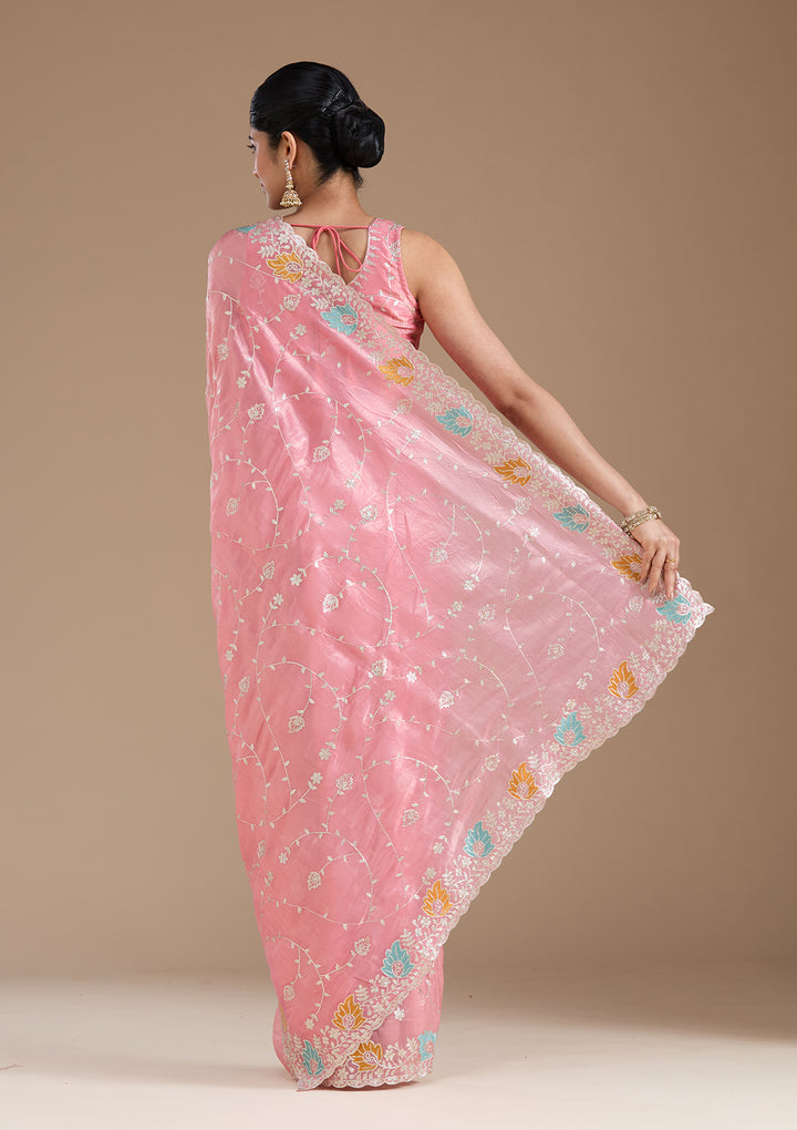 Onion Pink Organza Gotapatti Saree With Matching Blouse Piece