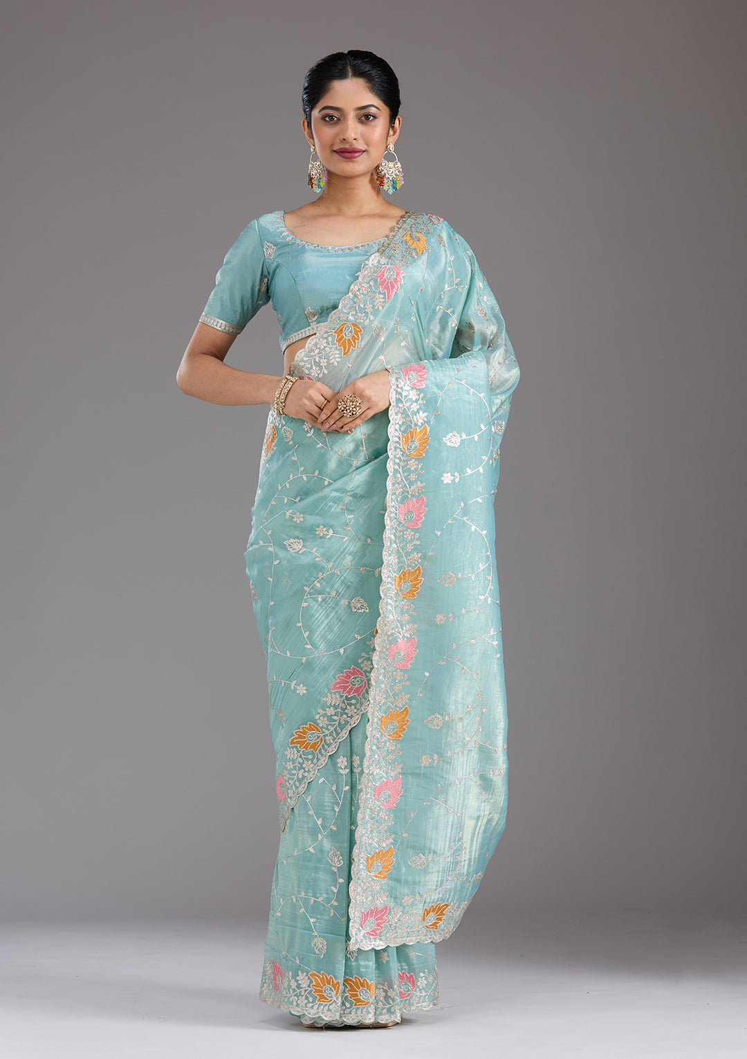 Sea Green Organza Gotapatti Saree With Matching Blouse Piece