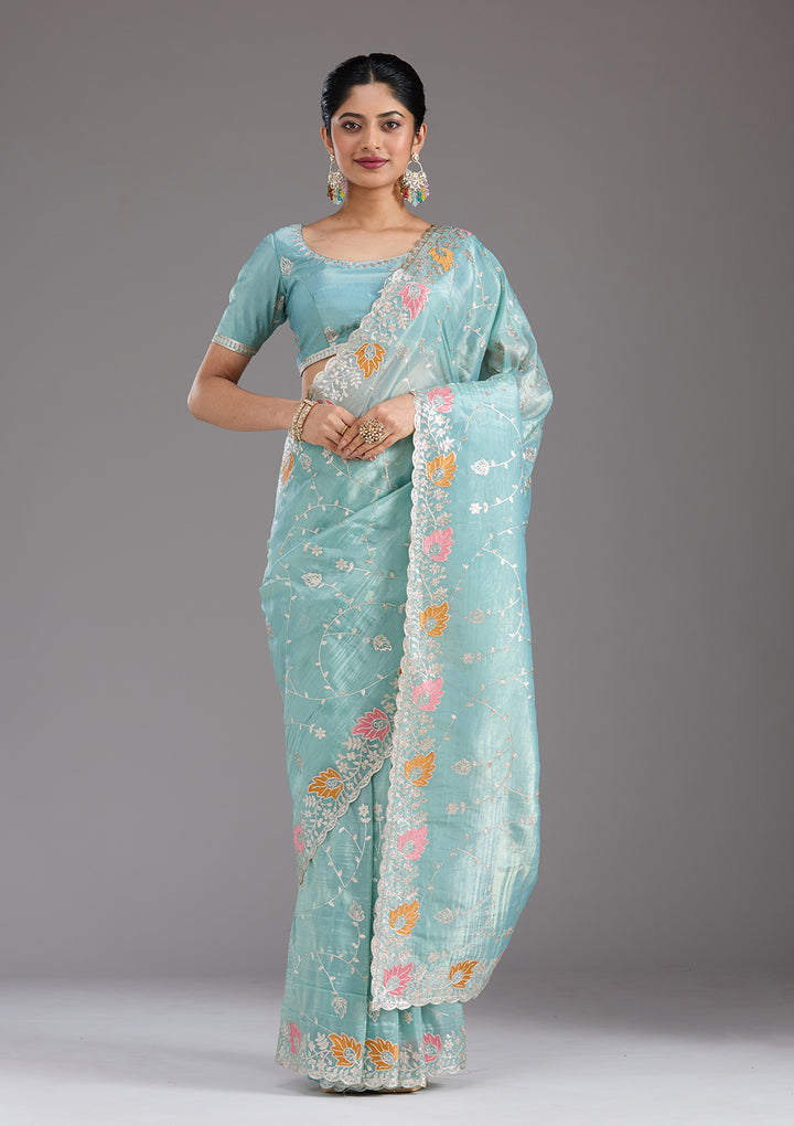 Sea Green Organza Gotapatti Saree With Matching Blouse Piece