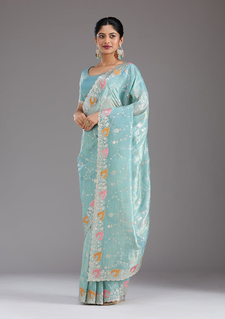 Sea Green Organza Gotapatti Saree With Matching Blouse Piece