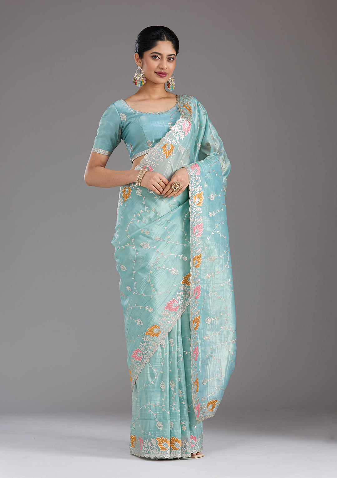 Sea Green Organza Gotapatti Saree With Matching Blouse Piece