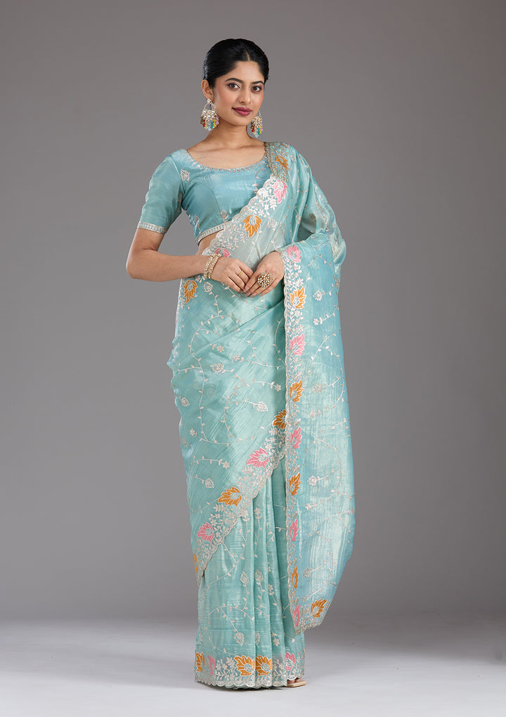 Sea Green Organza Gotapatti Saree With Matching Blouse Piece