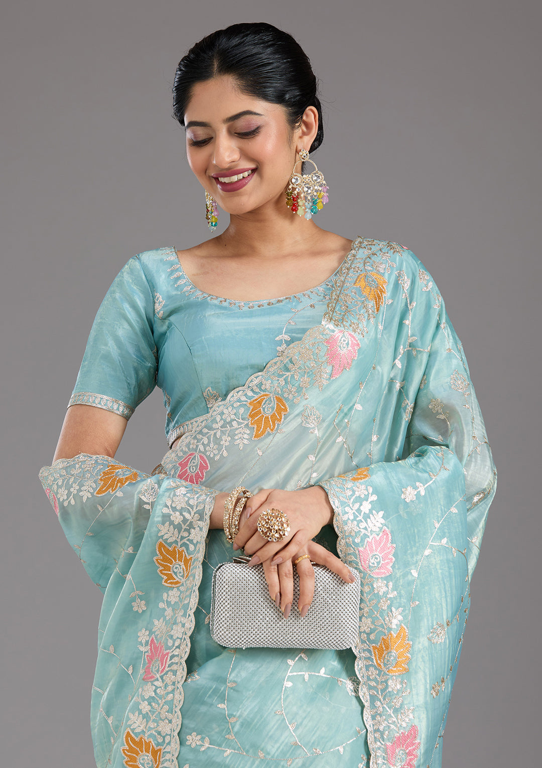 Sea Green Organza Gotapatti Saree With Matching Blouse Piece