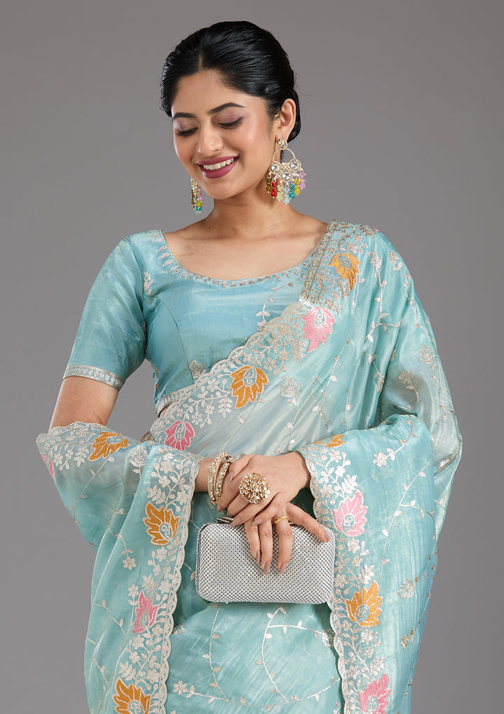 Sea Green Organza Gotapatti Saree With Matching Blouse Piece