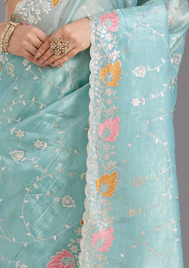 Sea Green Organza Gotapatti Saree With Matching Blouse Piece