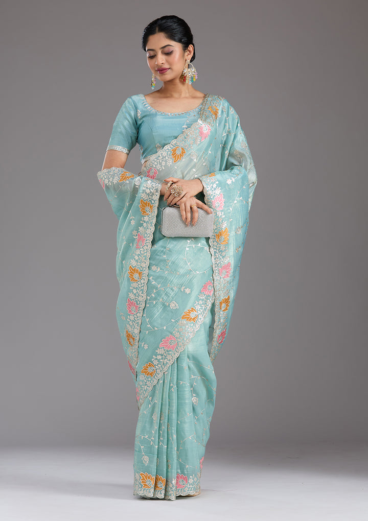 Sea Green Organza Gotapatti Saree With Matching Blouse Piece