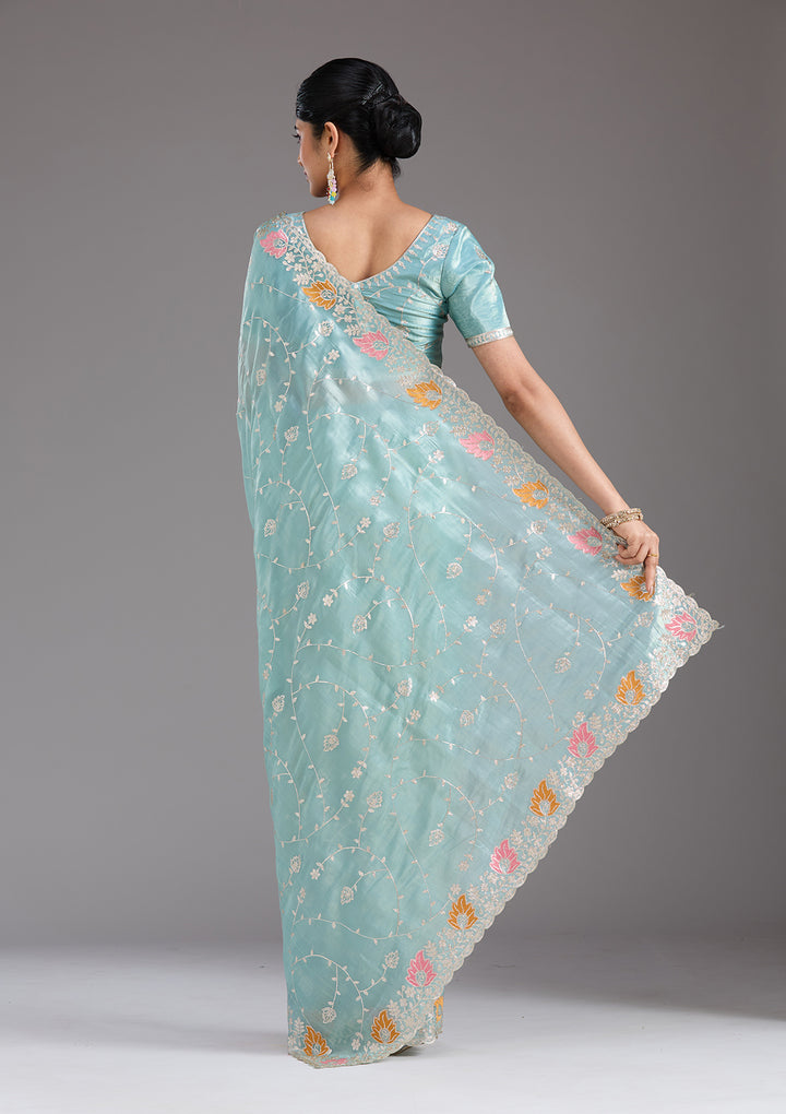 Sea Green Organza Gotapatti Saree With Matching Blouse Piece