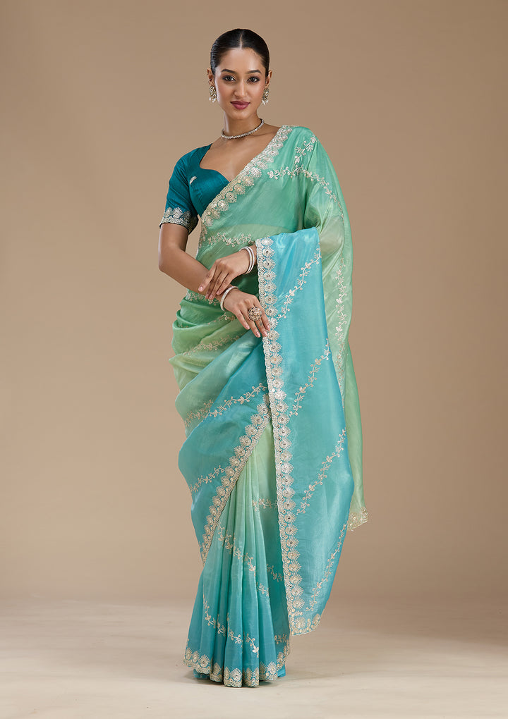 Blue Crepe Gotapatti Saree With Matching Blouse Piece