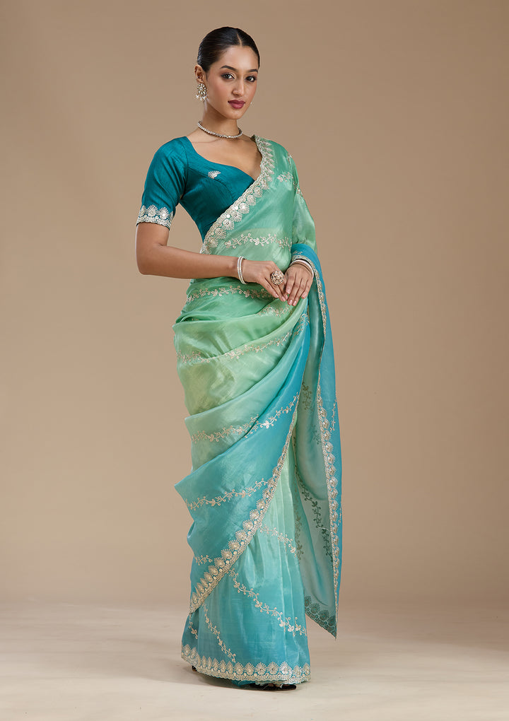 Blue Crepe Gotapatti Saree With Matching Blouse Piece
