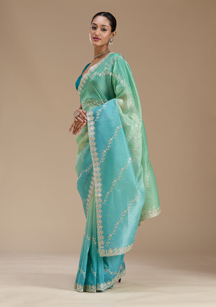 Blue Crepe Gotapatti Saree With Matching Blouse Piece