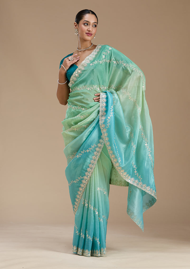Blue Crepe Gotapatti Saree With Matching Blouse Piece