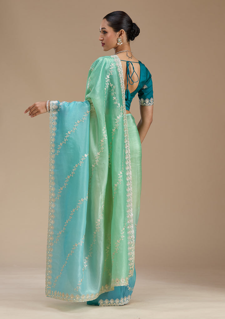Blue Crepe Gotapatti Saree With Matching Blouse Piece