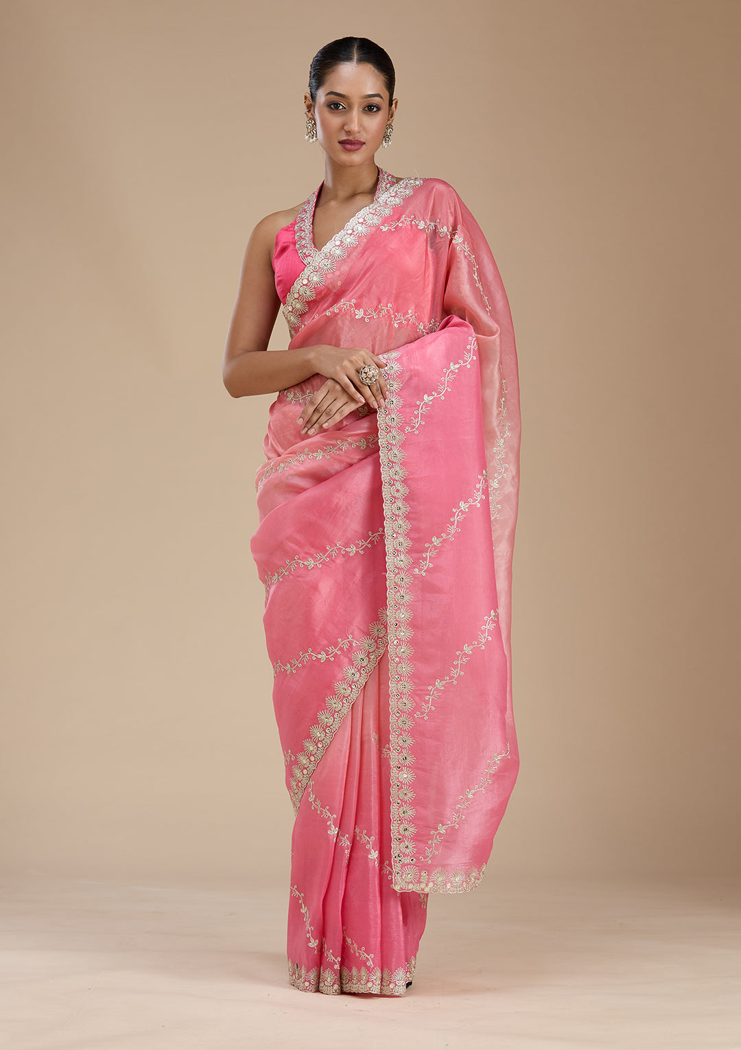 Gajari Pink Crepe Gotapatti Saree With Matching Blouse Piece