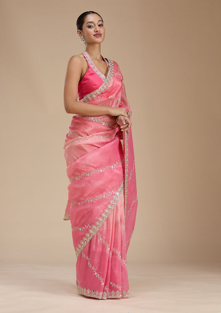 Gajari Pink Crepe Gotapatti Saree With Matching Blouse Piece