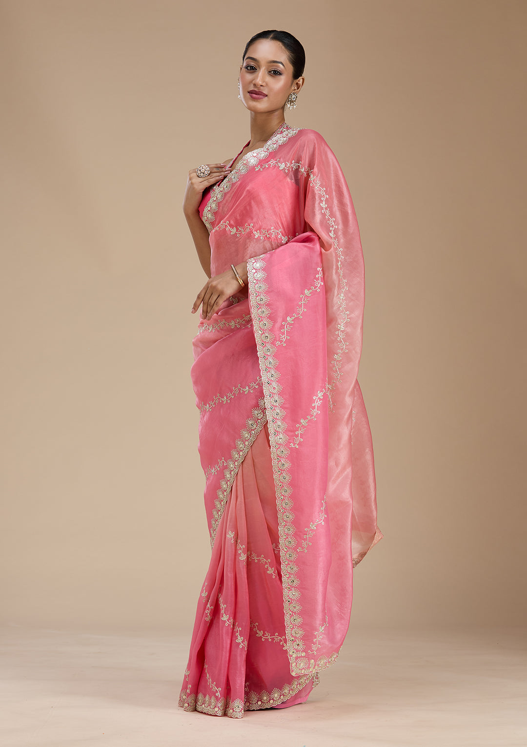 Gajari Pink Crepe Gotapatti Saree With Matching Blouse Piece