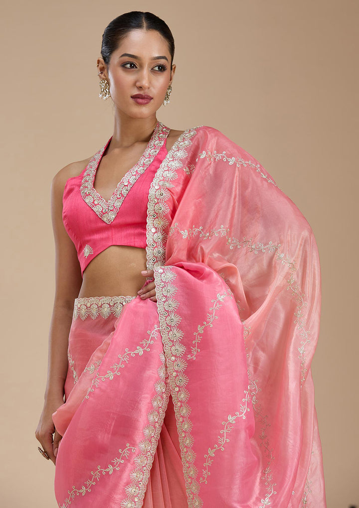Gajari Pink Crepe Gotapatti Saree With Matching Blouse Piece