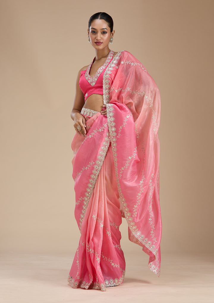 Gajari Pink Crepe Gotapatti Saree With Matching Blouse Piece