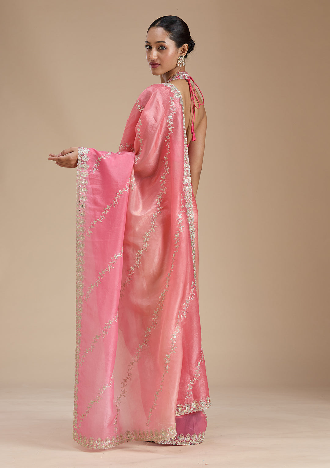 Gajari Pink Crepe Gotapatti Saree With Matching Blouse Piece