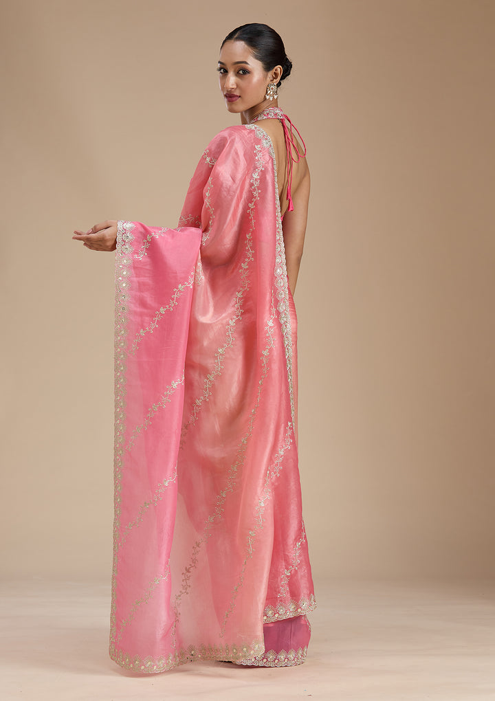 Gajari Pink Crepe Gotapatti Saree With Matching Blouse Piece
