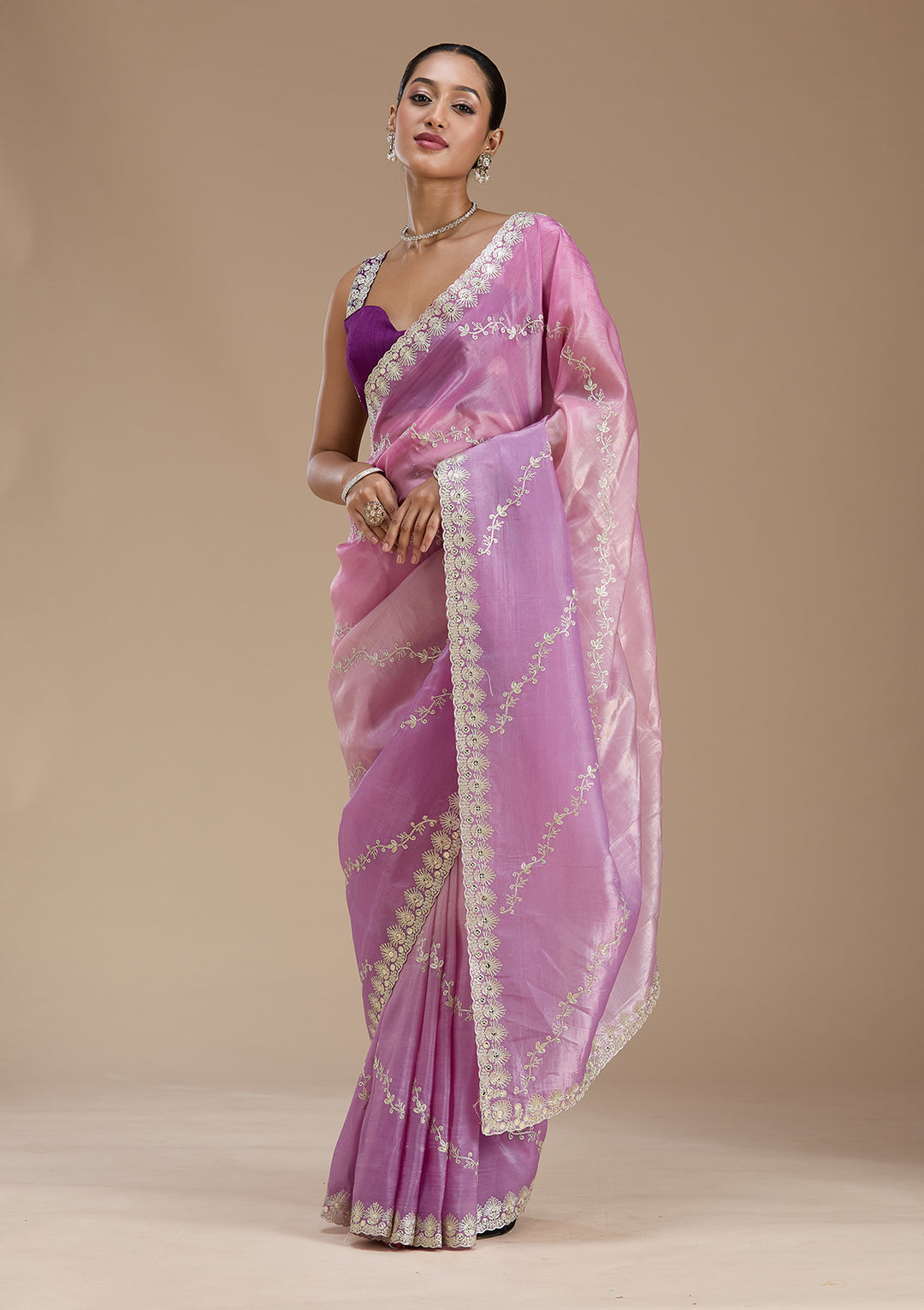 Lavender Crepe Gotapatti Saree With Matching Blouse Piece