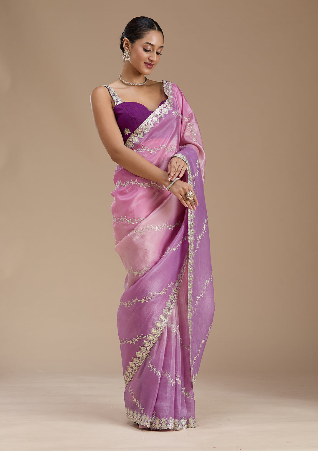 Lavender Crepe Gotapatti Saree With Matching Blouse Piece
