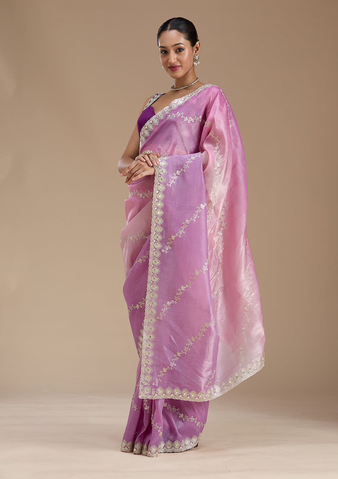 Lavender Crepe Gotapatti Saree With Matching Blouse Piece