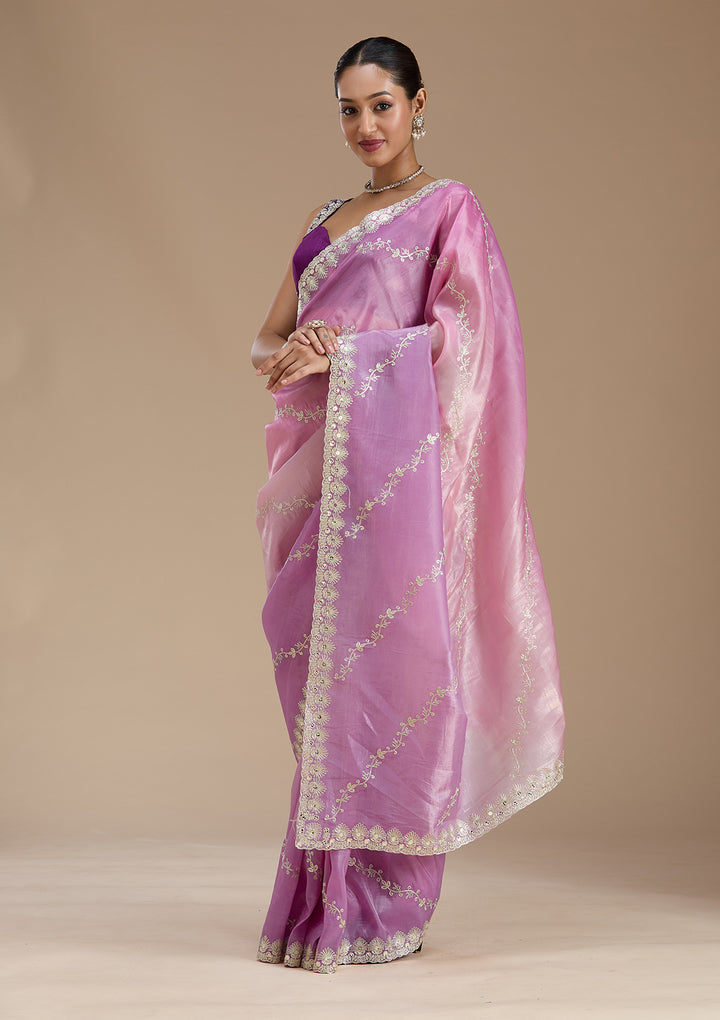 Lavender Crepe Gotapatti Saree With Matching Blouse Piece