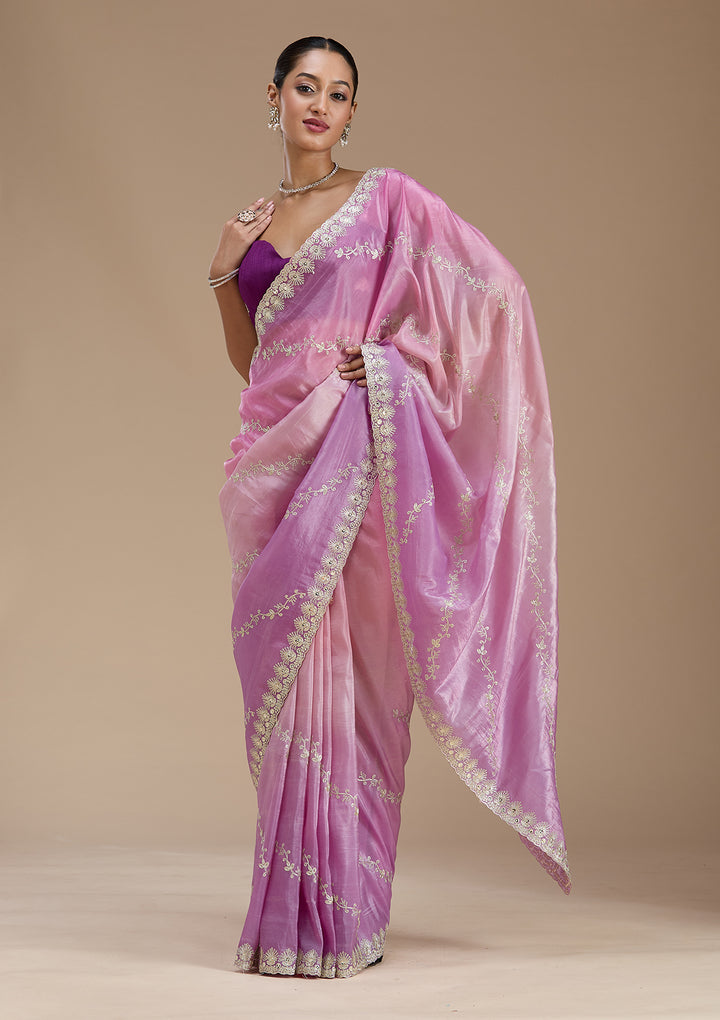 Lavender Crepe Gotapatti Saree With Matching Blouse Piece