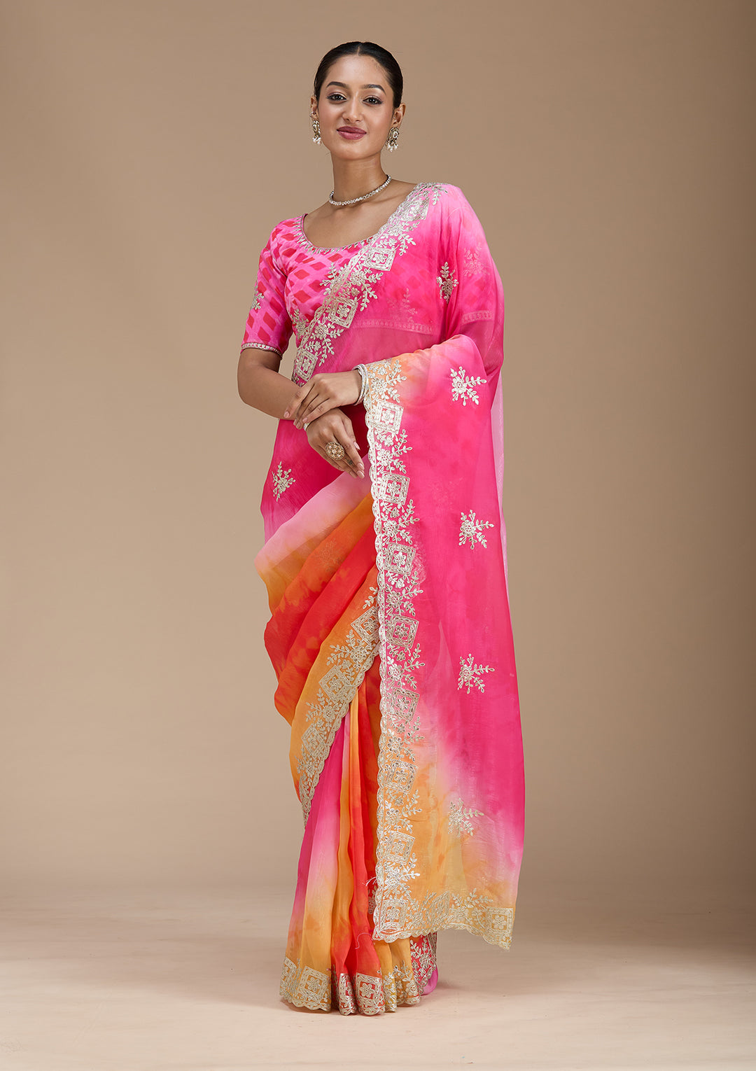 Pink Crepe Gotapatti Saree With Matching Blouse Piece
