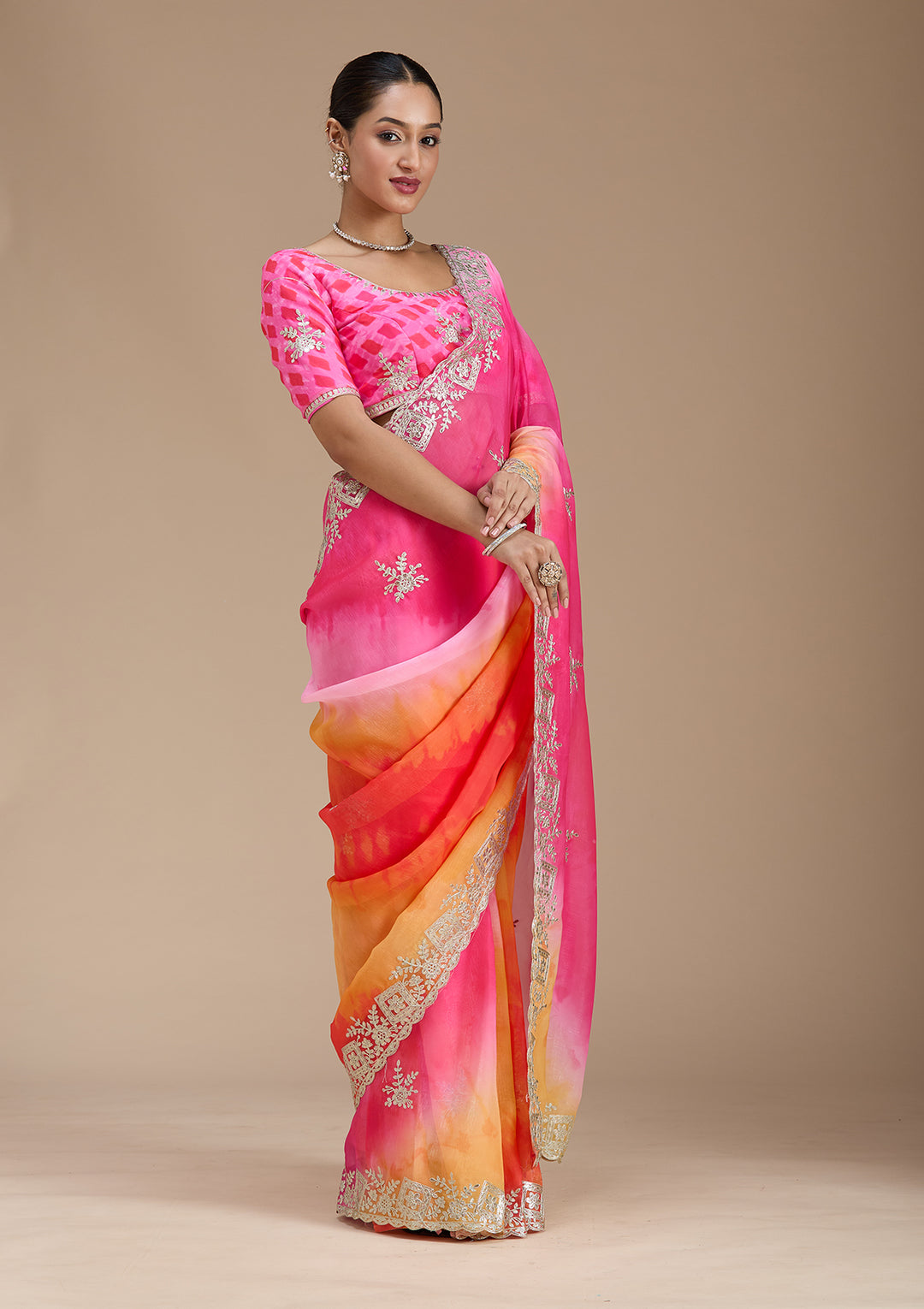 Pink Crepe Gotapatti Saree With Matching Blouse Piece