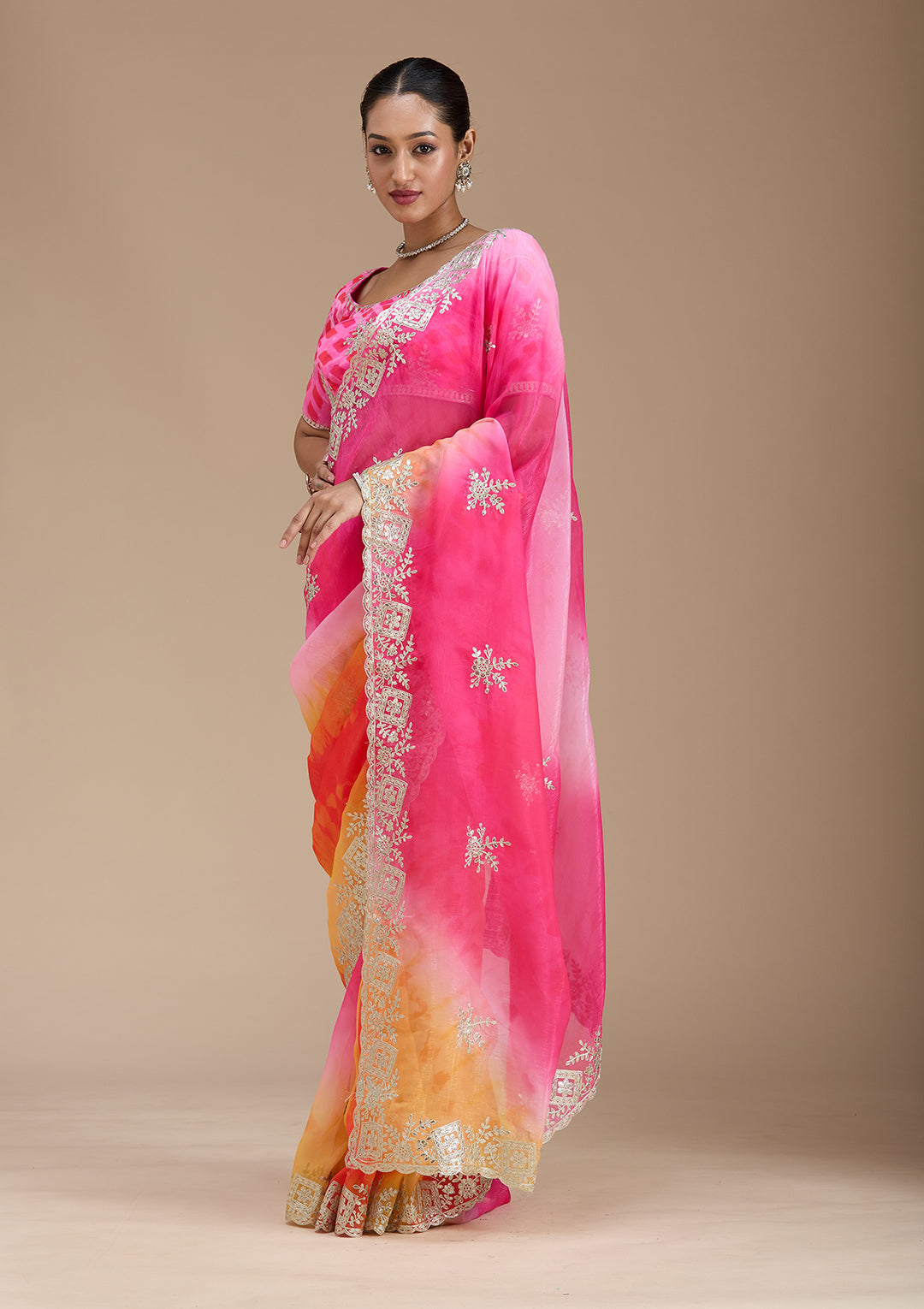 Pink Crepe Gotapatti Saree With Matching Blouse Piece