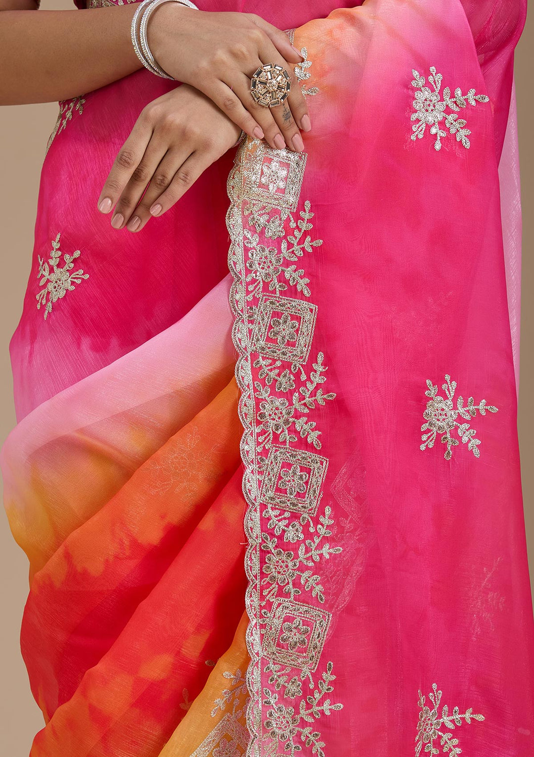 Pink Crepe Gotapatti Saree With Matching Blouse Piece