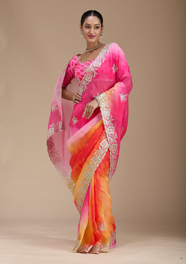 Pink Crepe Gotapatti Saree With Matching Blouse Piece