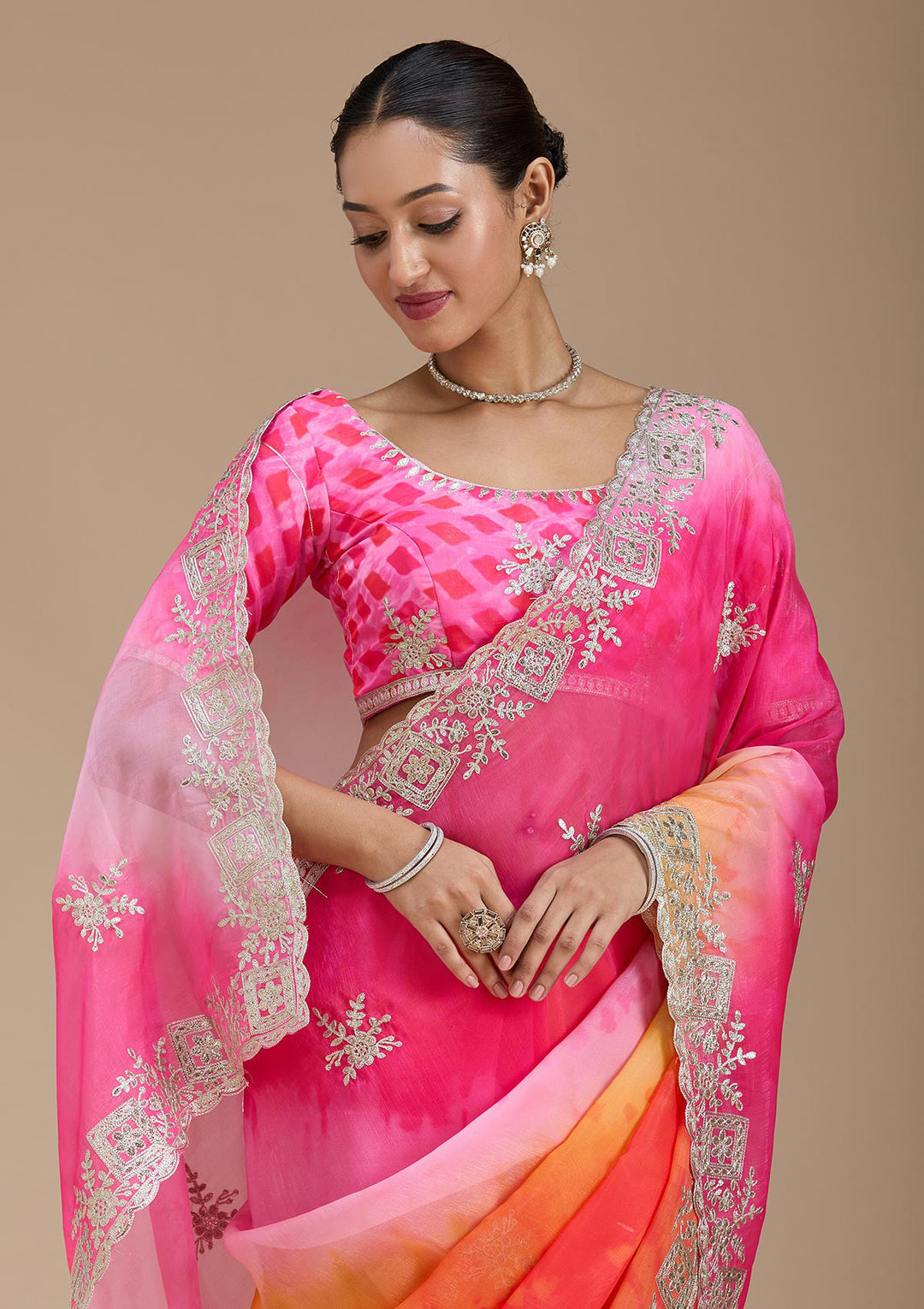 Pink Crepe Gotapatti Saree With Matching Blouse Piece