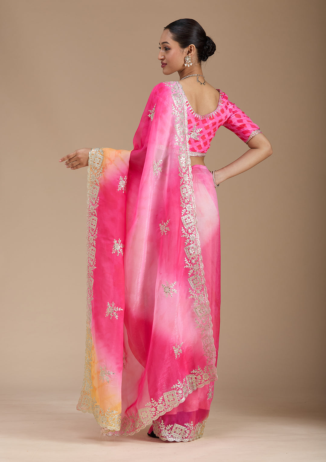 Pink Crepe Gotapatti Saree With Matching Blouse Piece