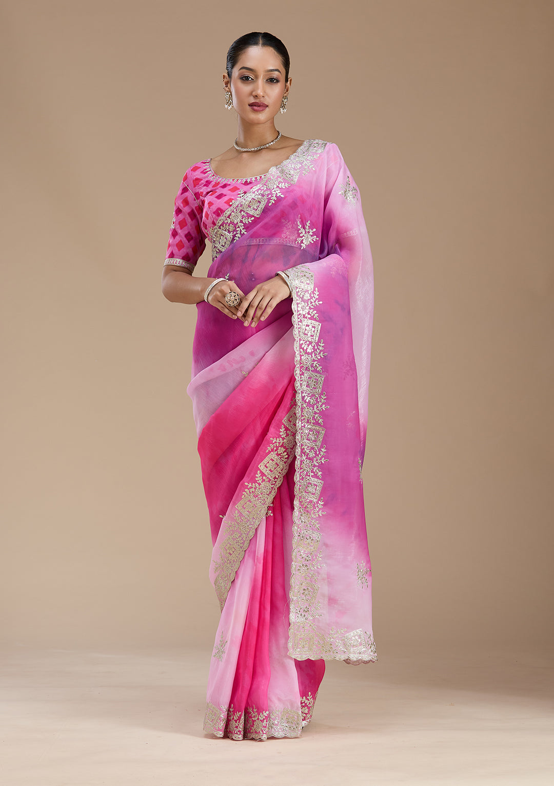 Pink Crepe Gotapatti Saree With Matching Blouse Piece