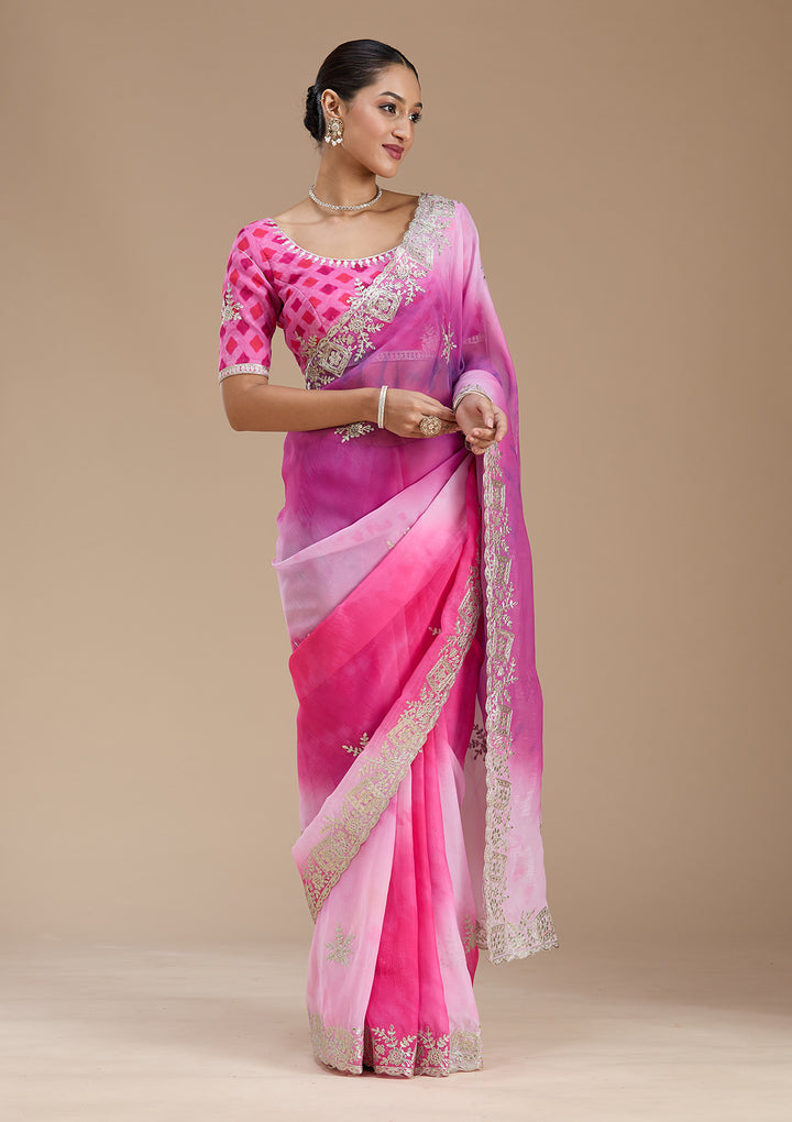 Pink Crepe Gotapatti Saree With Matching Blouse Piece