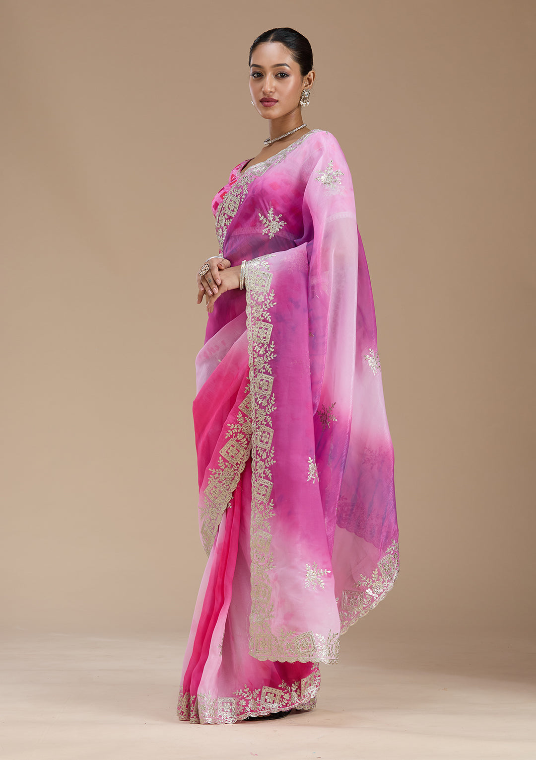 Pink Crepe Gotapatti Saree With Matching Blouse Piece