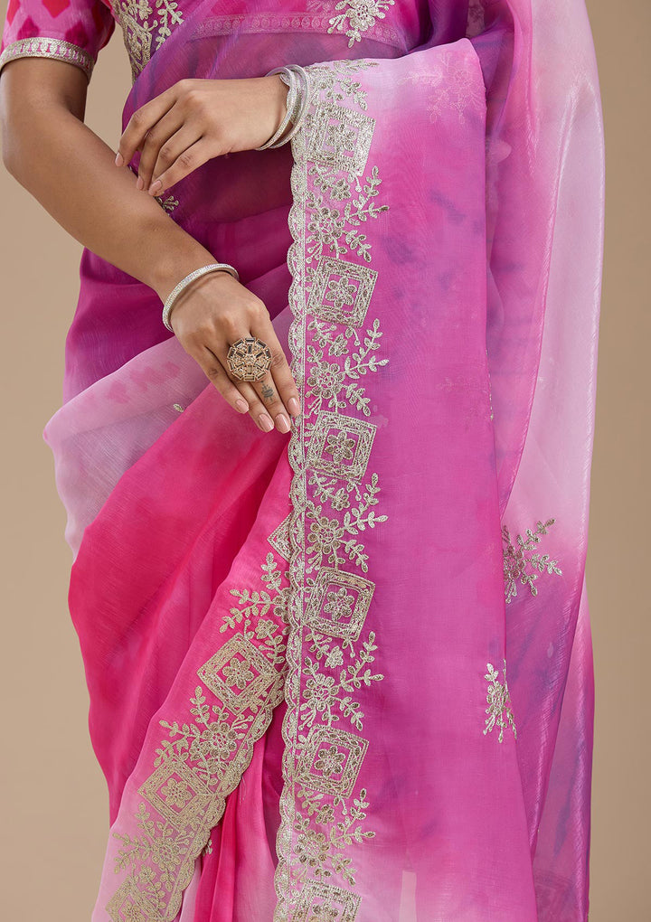 Pink Crepe Gotapatti Saree With Matching Blouse Piece