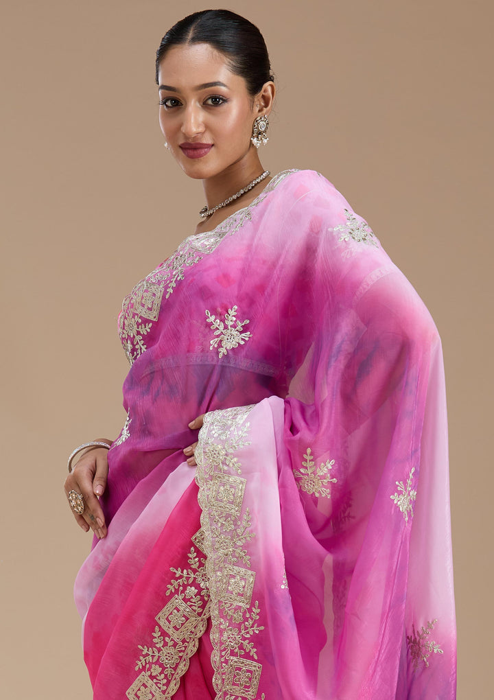 Pink Crepe Gotapatti Saree With Matching Blouse Piece